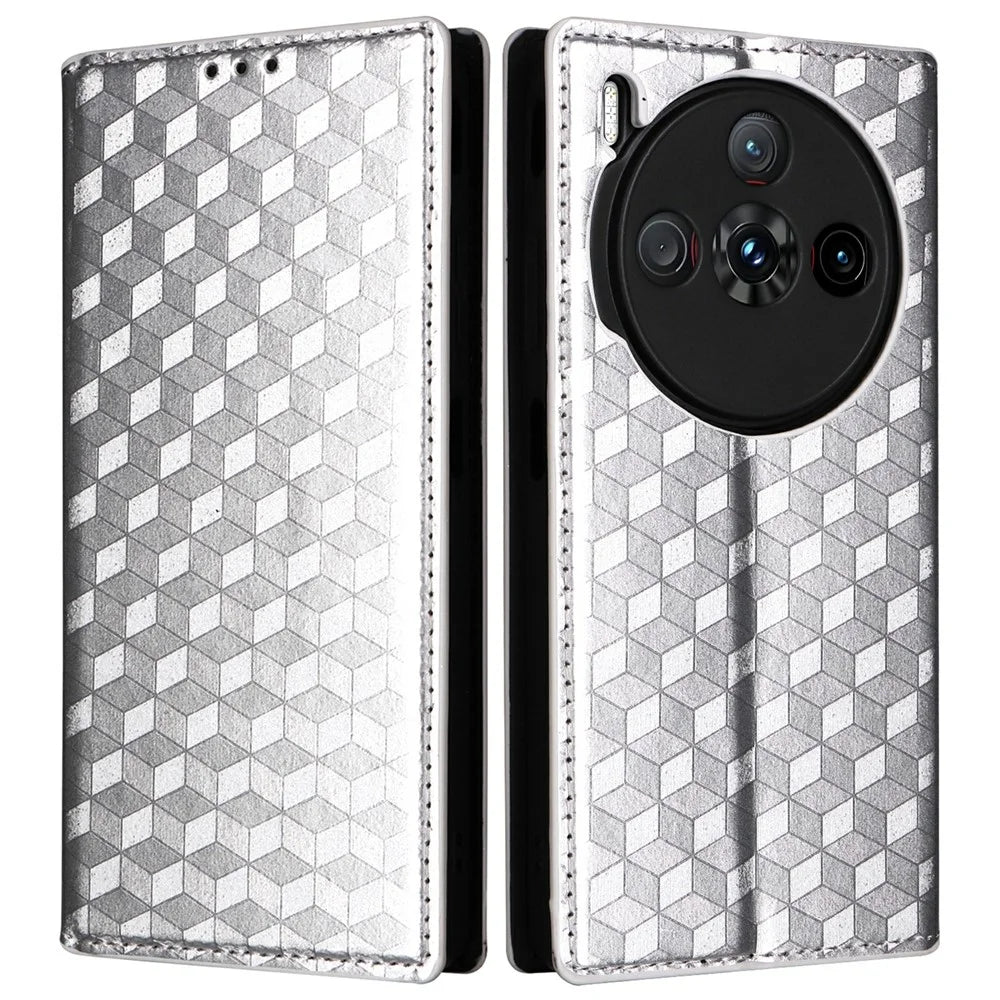 For ZTE nubia Z60S Pro 5G Wallet Case Rhombus Imprinted Leather Phone Cover - Silver - 1