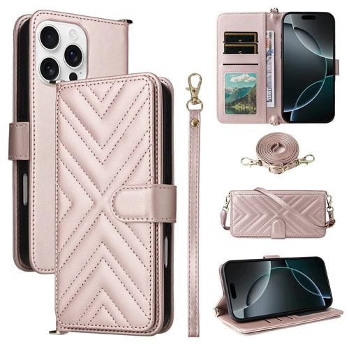For iPhone 16 Pro Wallet Case with Shoulder / Wrist Strap Leather Phone Cover Stand - Pink - 1
