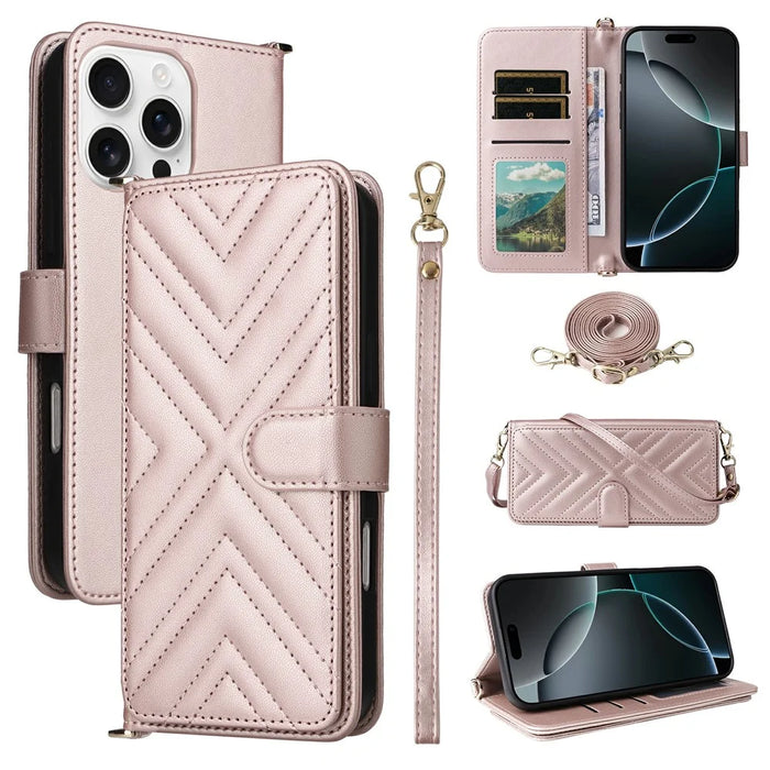 For iPhone 16 Pro Wallet Case with Shoulder / Wrist Strap Leather Phone Cover Stand - Pink - 1
