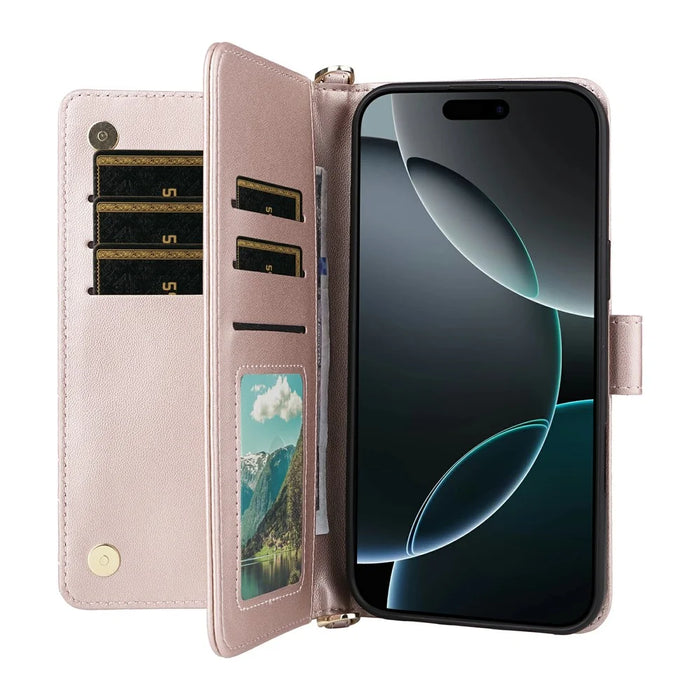For iPhone 16 Pro Wallet Case with Shoulder / Wrist Strap Leather Phone Cover Stand - Pink - 2