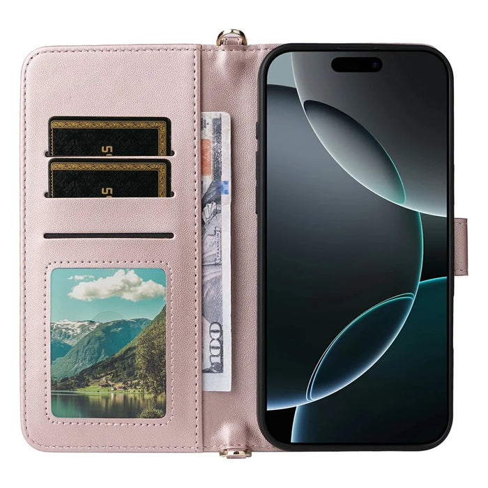 For iPhone 16 Pro Wallet Case with Shoulder / Wrist Strap Leather Phone Cover Stand - Pink - 3