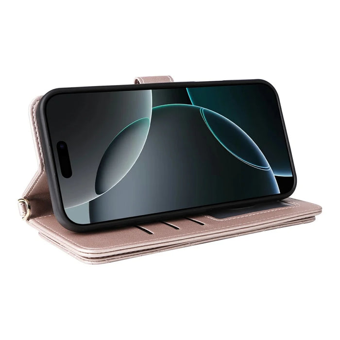 For iPhone 16 Pro Wallet Case with Shoulder / Wrist Strap Leather Phone Cover Stand - Pink - 5