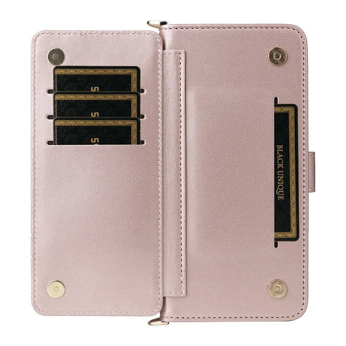 For iPhone 16 Pro Max Wallet Case with Shoulder / Wrist Strap Leather Phone Cover Stand - Pink - 4