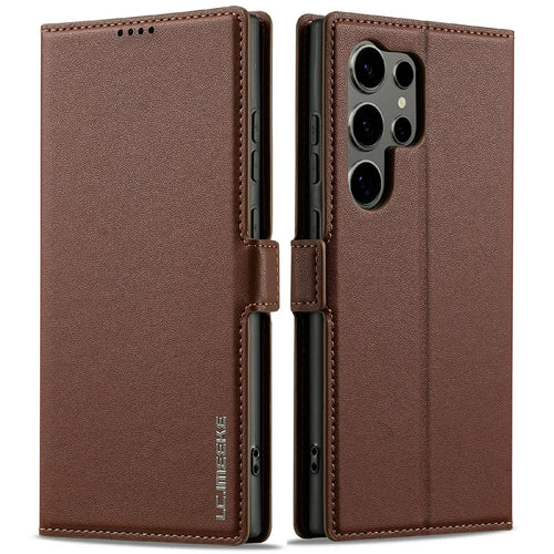 LC.IMEEKE L1 Series for Samsung Galaxy S25 Ultra Case PU Leather Wallet Stand Protective Phone Cover - Brown - 1