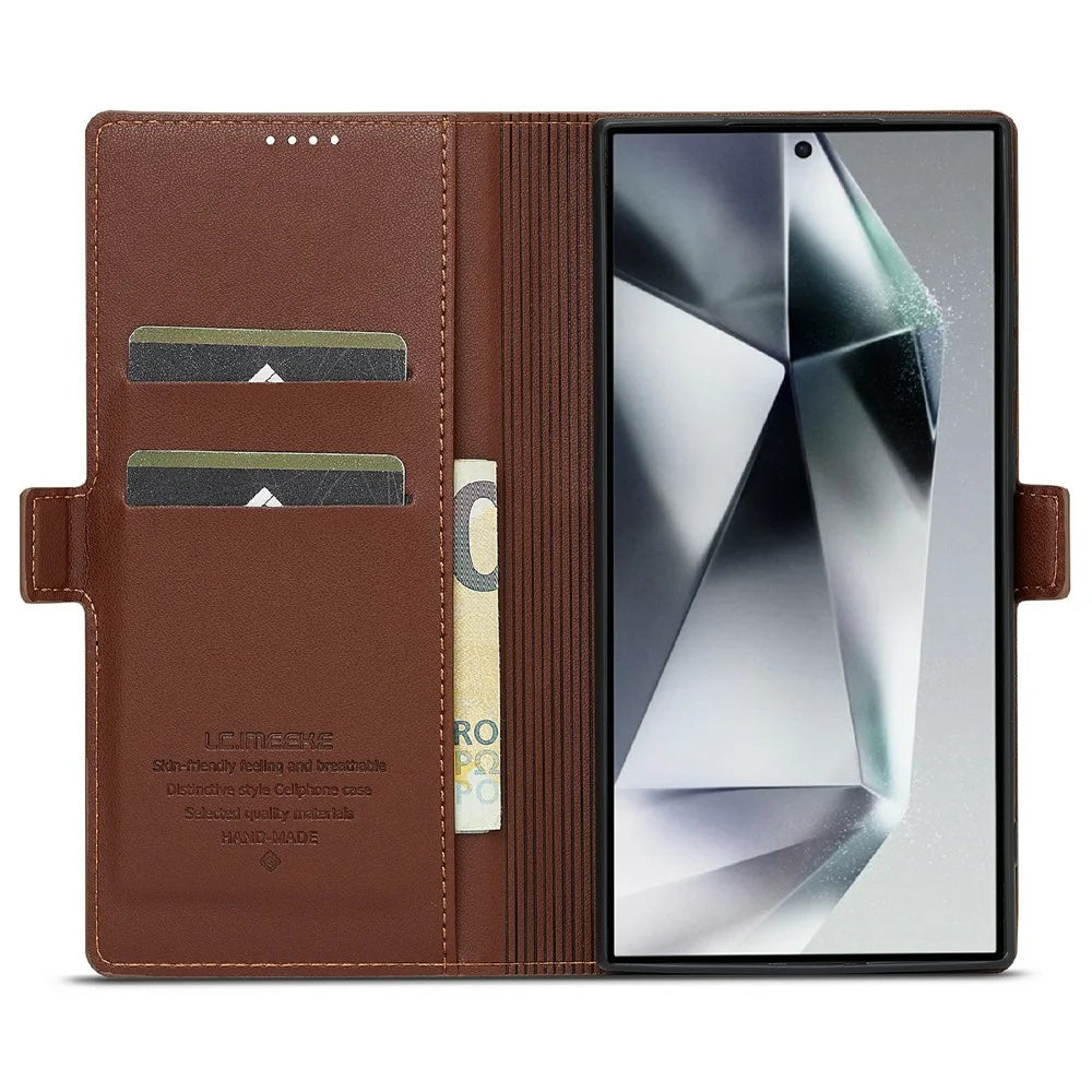 LC.IMEEKE L1 Series for Samsung Galaxy S25 Ultra Case PU Leather Wallet Stand Protective Phone Cover - Brown - 2