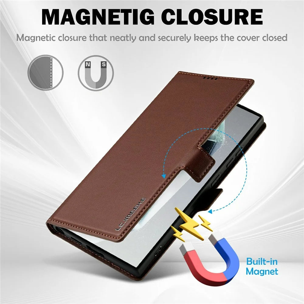 LC.IMEEKE L1 Series for Samsung Galaxy S25 Ultra Case PU Leather Wallet Stand Protective Phone Cover - Brown - 4