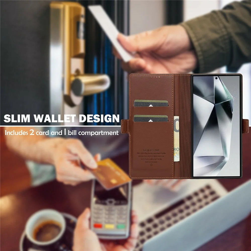 LC.IMEEKE L1 Series for Samsung Galaxy S25 Ultra Case PU Leather Wallet Stand Protective Phone Cover - Brown - 5
