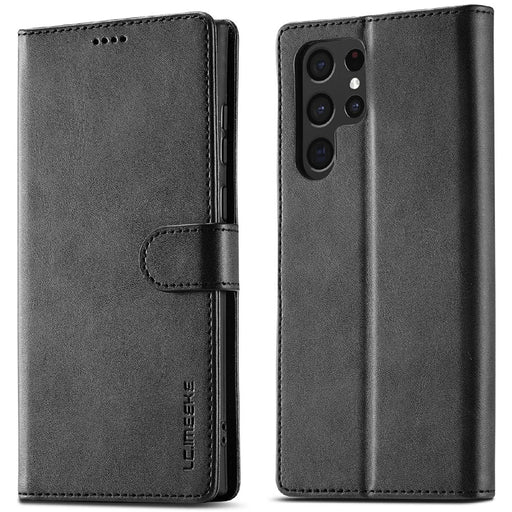 LC.IMEEKE For Samsung Galaxy S25 Ultra Case Calf Texture PU Leather Stand Wallet Phone Cover - Black - 1