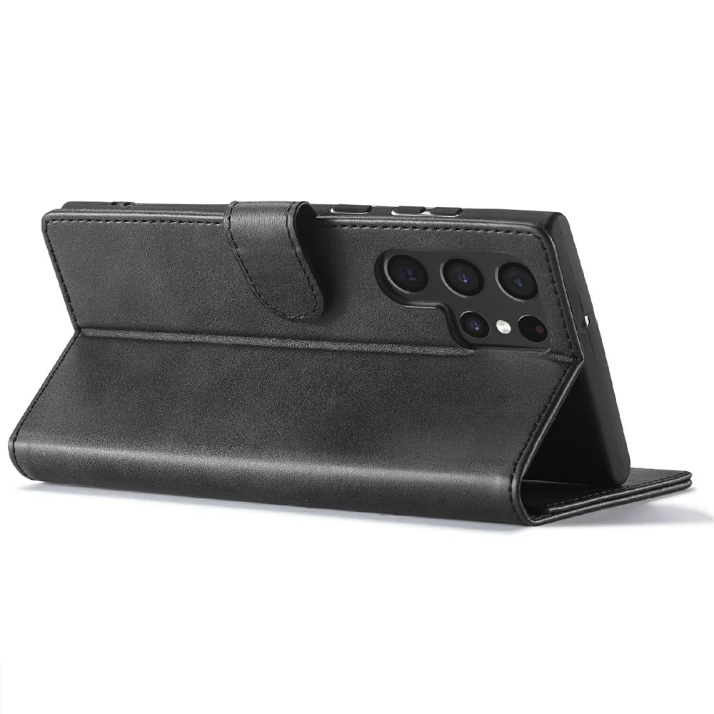 LC.IMEEKE For Samsung Galaxy S25 Ultra Case Calf Texture PU Leather Stand Wallet Phone Cover - Black - 3