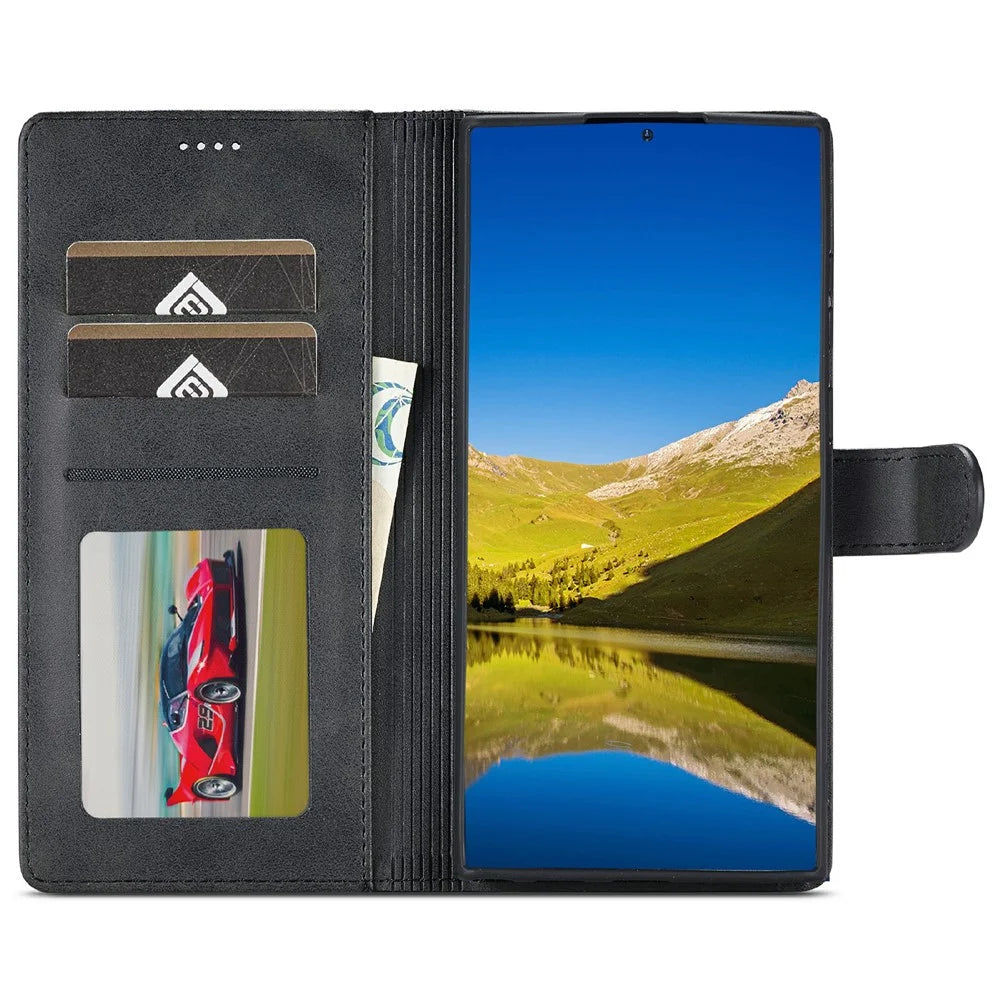 LC.IMEEKE For Samsung Galaxy S25 Ultra Case Calf Texture PU Leather Stand Wallet Phone Cover - Black - 4