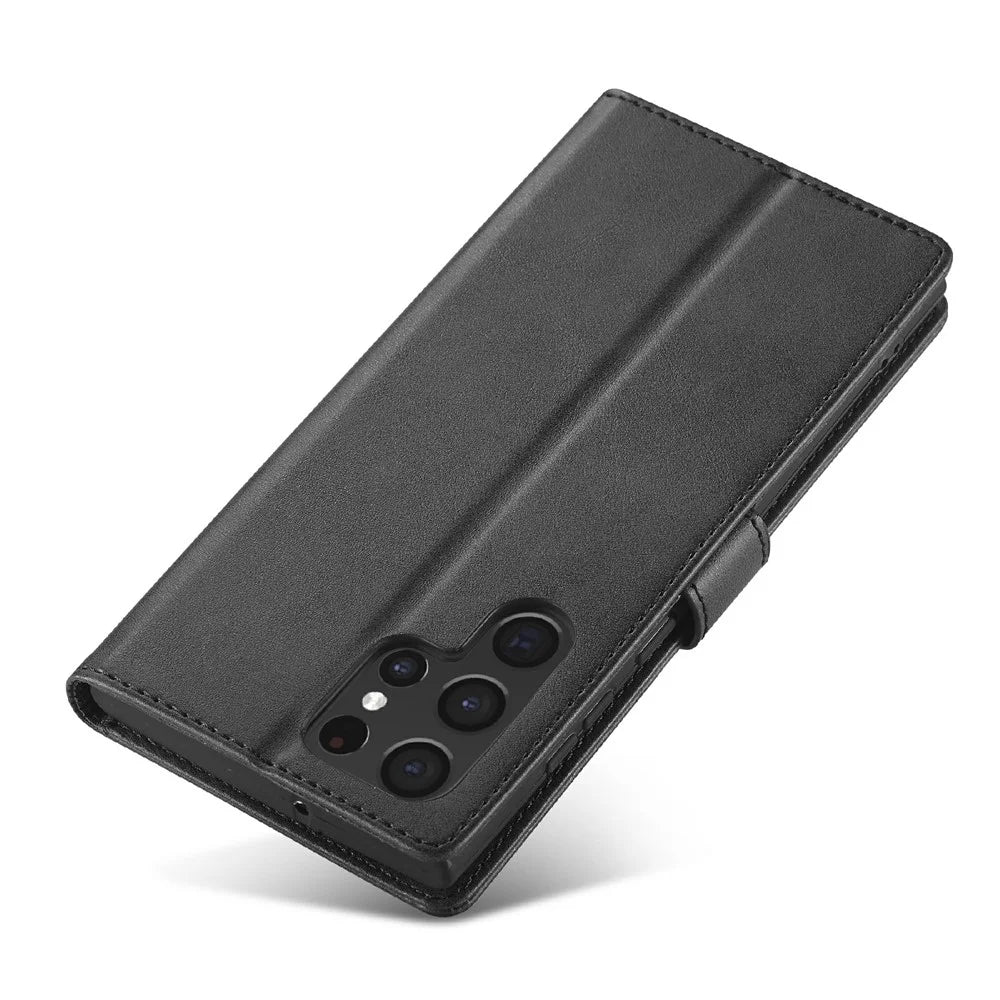 LC.IMEEKE For Samsung Galaxy S25 Ultra Case Calf Texture PU Leather Stand Wallet Phone Cover - Black - 5