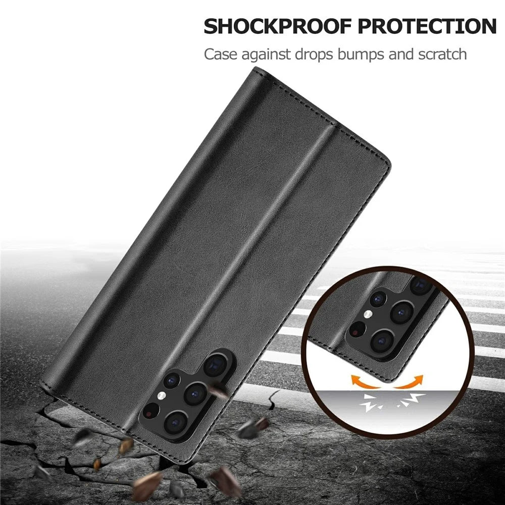 LC.IMEEKE For Samsung Galaxy S25 Ultra Case Calf Texture PU Leather Stand Wallet Phone Cover - Black - 6