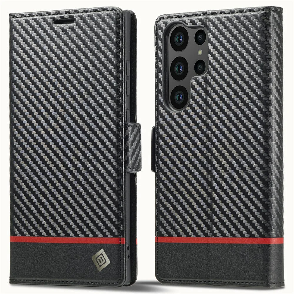 LC.IMEEKE For Samsung Galaxy S25 Ultra Case Carbon Fiber Texture Phone Cover Stand Card Holder - Horizontal Stripe - 1