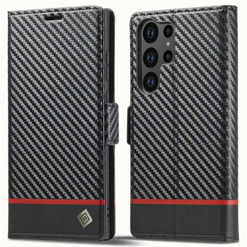 LC.IMEEKE For Samsung Galaxy S25 Ultra Case Carbon Fiber Texture Phone Cover Stand Card Holder - Horizontal Stripe - 1