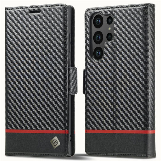 LC.IMEEKE For Samsung Galaxy S25 Ultra Case Carbon Fiber Texture Phone Cover Stand Card Holder - Horizontal Stripe - 1