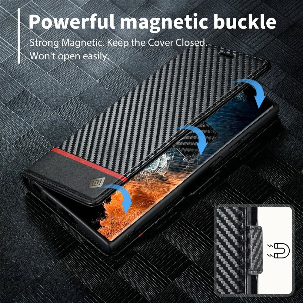 LC.IMEEKE For Samsung Galaxy S25 Ultra Case Carbon Fiber Texture Phone Cover Stand Card Holder - Horizontal Stripe - 4