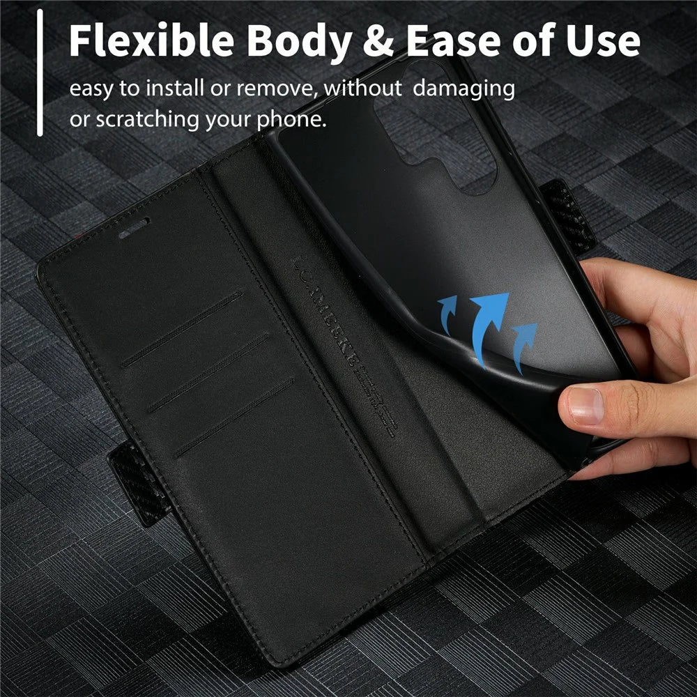 LC.IMEEKE For Samsung Galaxy S25 Ultra Case Carbon Fiber Texture Phone Cover Stand Card Holder - Horizontal Stripe - 7