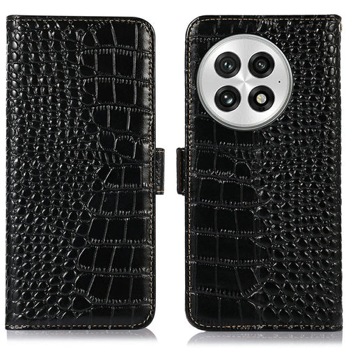 For OnePlus 13 Case Crocodile Texture Genuine Cow Leather Phone Wallet Cover - Black - 1