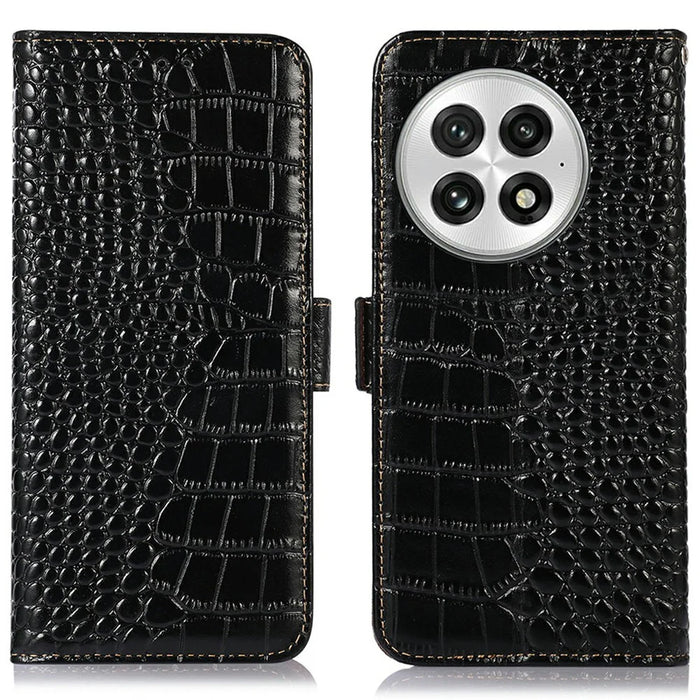 For OnePlus 13 Case Crocodile Texture Genuine Cow Leather Phone Wallet Cover - Black - 1