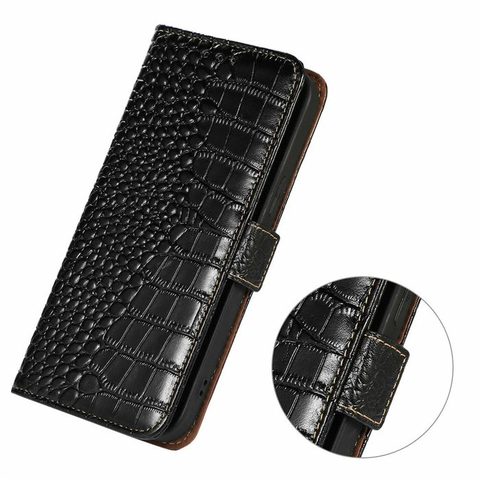 For OnePlus 13 Case Crocodile Texture Genuine Cow Leather Phone Wallet Cover - Black - 5