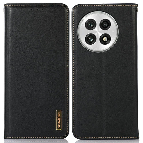 KHAZNEH For OnePlus 13 Case Genuine Cow Leather Wallet Phone Cover Nappa Texture - Black - 1