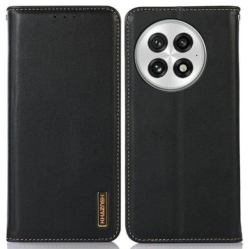 KHAZNEH For OnePlus 13 Case Genuine Cow Leather Wallet Phone Cover Nappa Texture - Black - 1