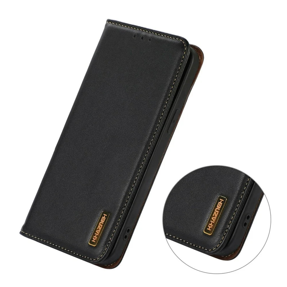 KHAZNEH For OnePlus 13 Case Genuine Cow Leather Wallet Phone Cover Nappa Texture - Black - 4