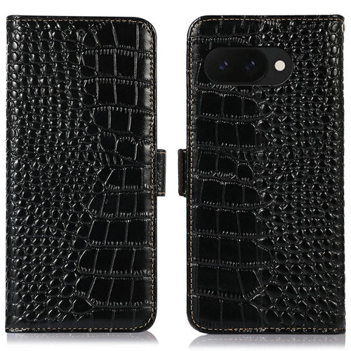 For Google Pixel 9a Case Crocodile Texture Genuine Cow Leather Phone Wallet Cover - Black - 1