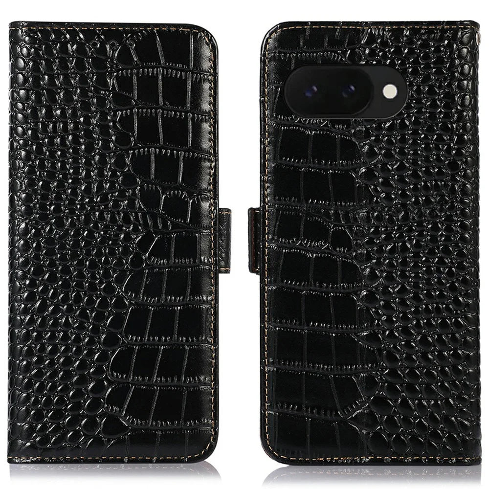 For Google Pixel 9a Case Crocodile Texture Genuine Cow Leather Phone Wallet Cover - Black - 1