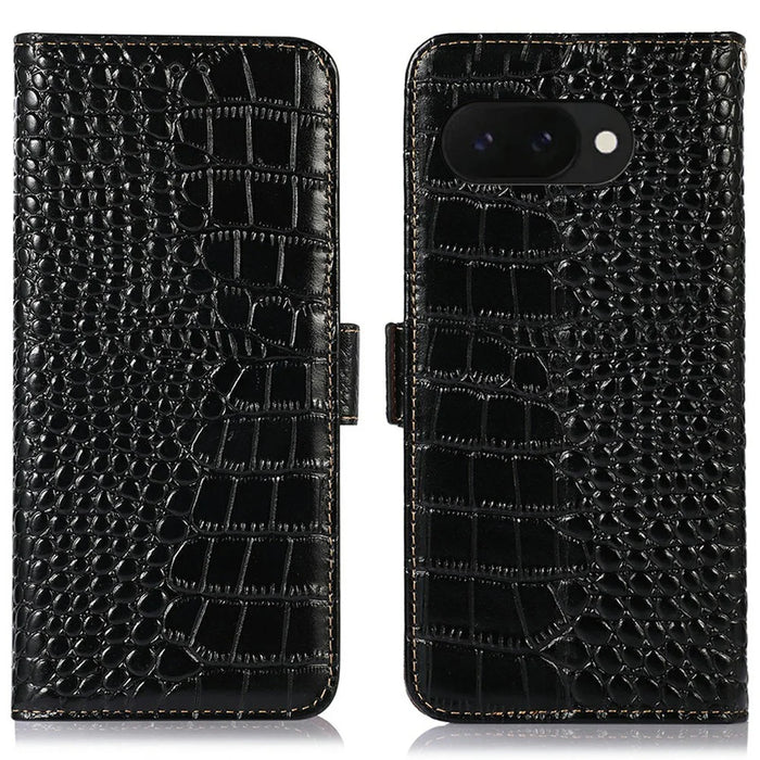 For Google Pixel 9a Case Crocodile Texture Genuine Cow Leather Phone Wallet Cover - Black - 1
