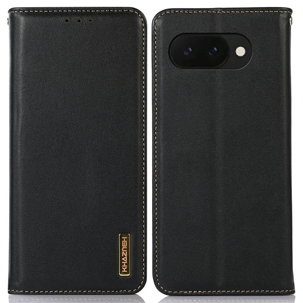 KHAZNEH For Google Pixel 9a Case Genuine Cow Leather Wallet Phone Cover Nappa Texture - Black - 1