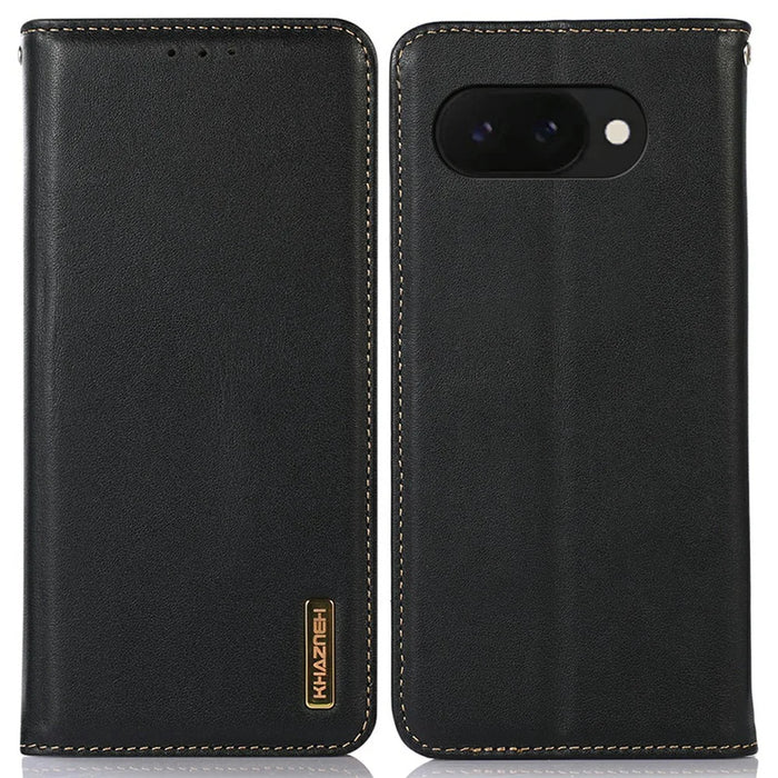 KHAZNEH For Google Pixel 9a Case Genuine Cow Leather Wallet Phone Cover Nappa Texture - Black - 1