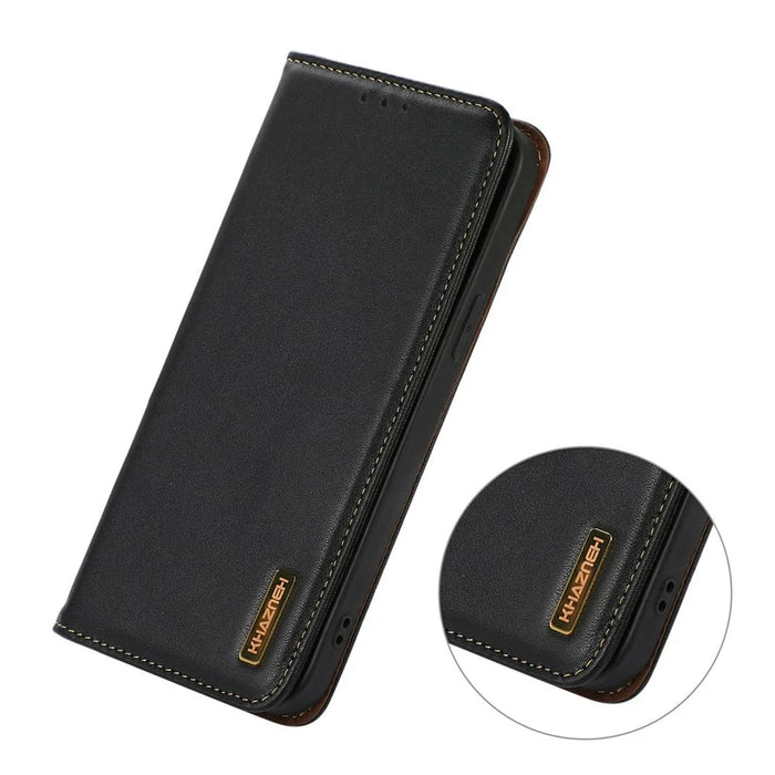 KHAZNEH For Google Pixel 9a Case Genuine Cow Leather Wallet Phone Cover Nappa Texture - Black - 4