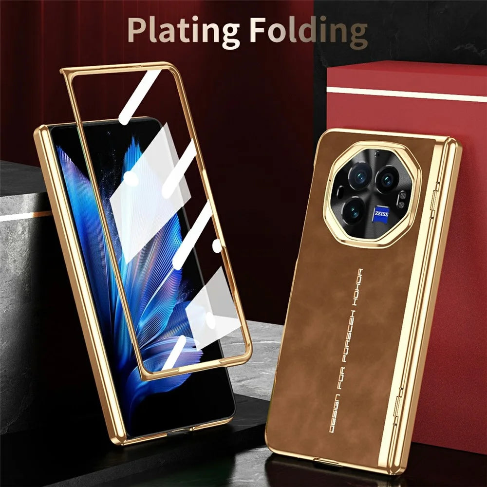 For vivo X Fold3 Phone Case with Tempered Glass Film Electroplating Leather+PC Mobile Cover - Brown - 5