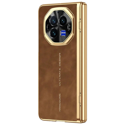 For vivo X Fold3 Pro Phone Case with Tempered Glass Film Electroplating Leather+PC Mobile Cover - Brown - 1