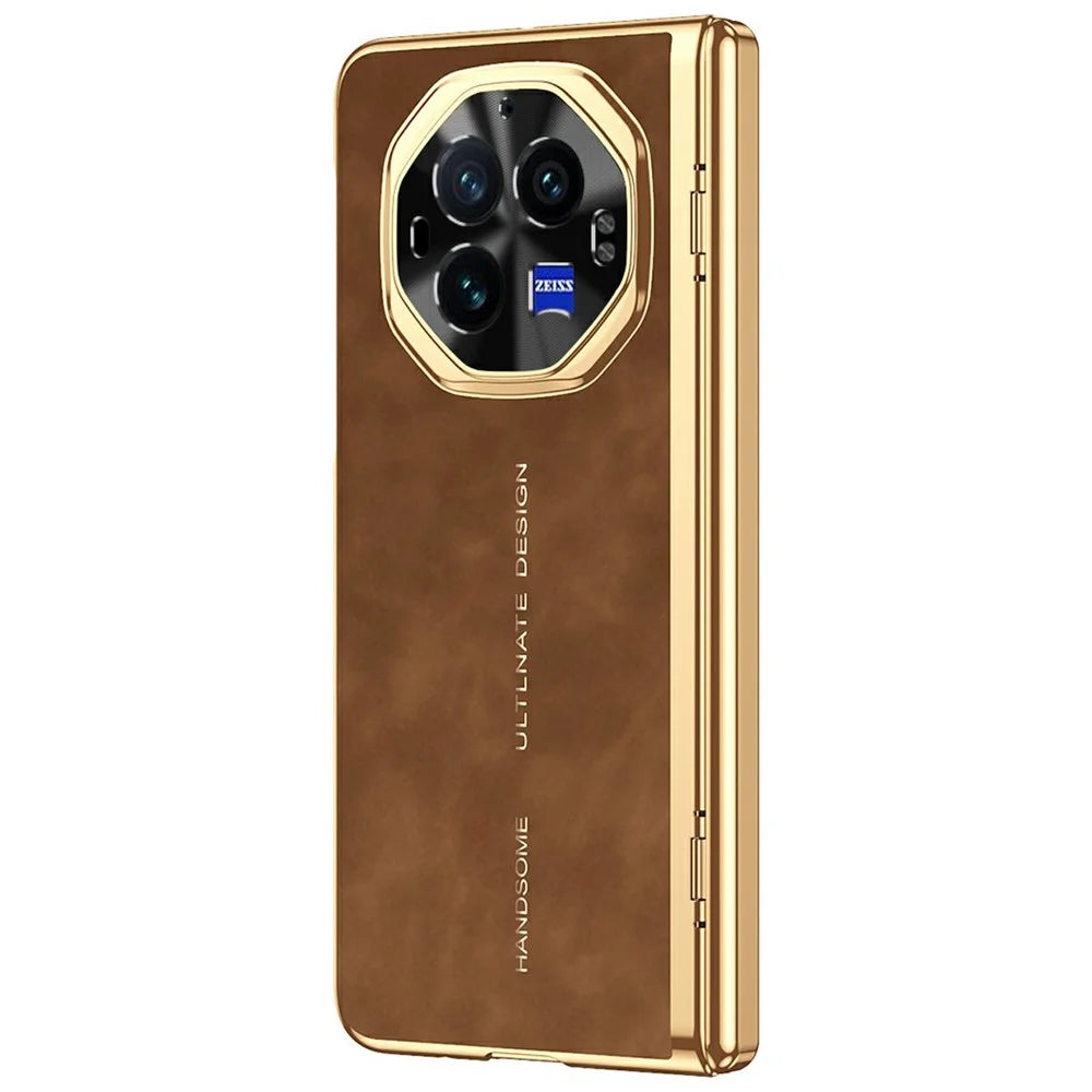 For vivo X Fold3 Pro Phone Case with Tempered Glass Film Electroplating Leather+PC Mobile Cover - Brown - 1