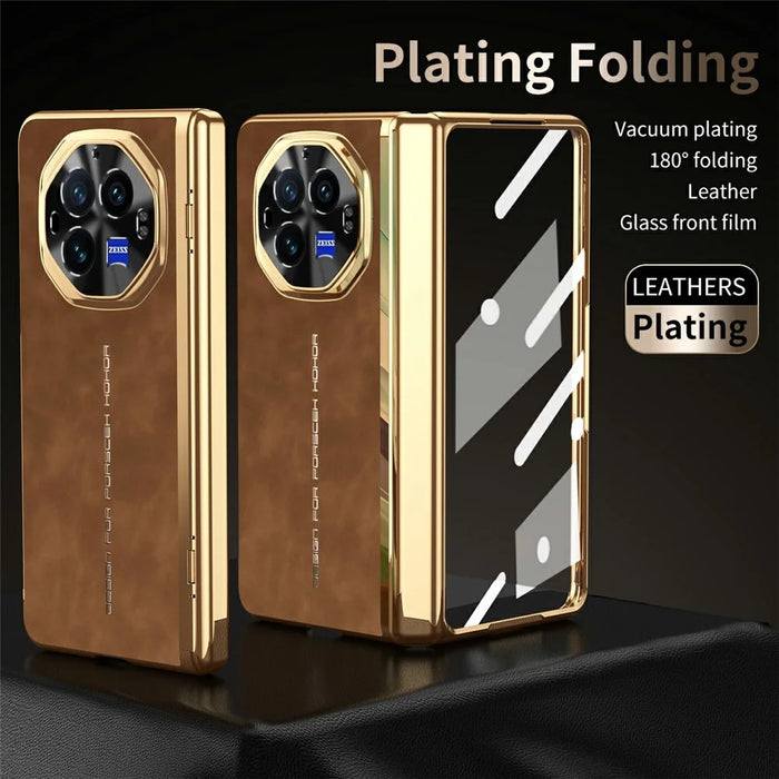 For vivo X Fold3 Pro Phone Case with Tempered Glass Film Electroplating Leather+PC Mobile Cover - Brown - 2