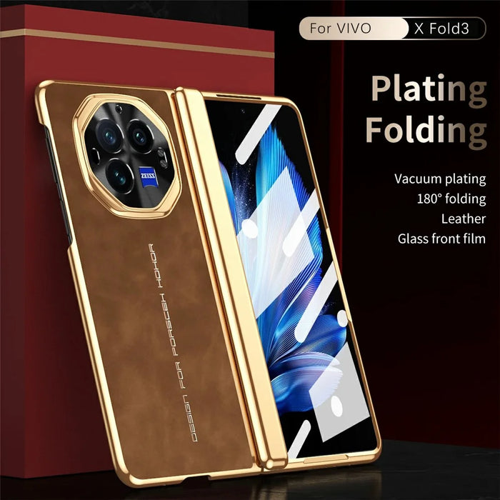 For vivo X Fold3 Pro Phone Case with Tempered Glass Film Electroplating Leather+PC Mobile Cover - Brown - 3