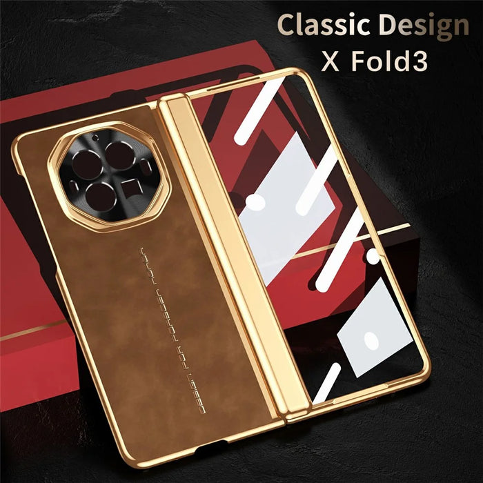 For vivo X Fold3 Pro Phone Case with Tempered Glass Film Electroplating Leather+PC Mobile Cover - Brown - 4