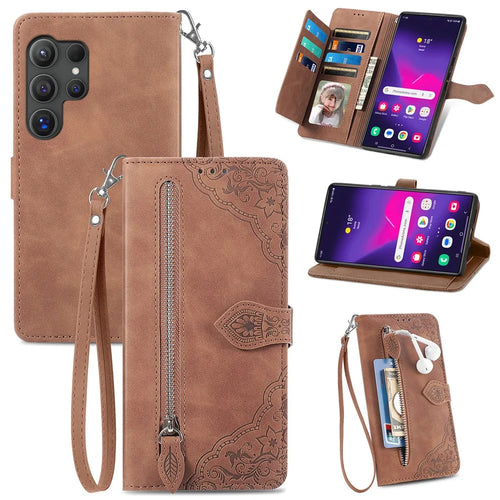 For Samsung Galaxy S25 Ultra Zipper Wallet Case with Strap Flower Imprint PU Leather Phone Cover - Brown - 1