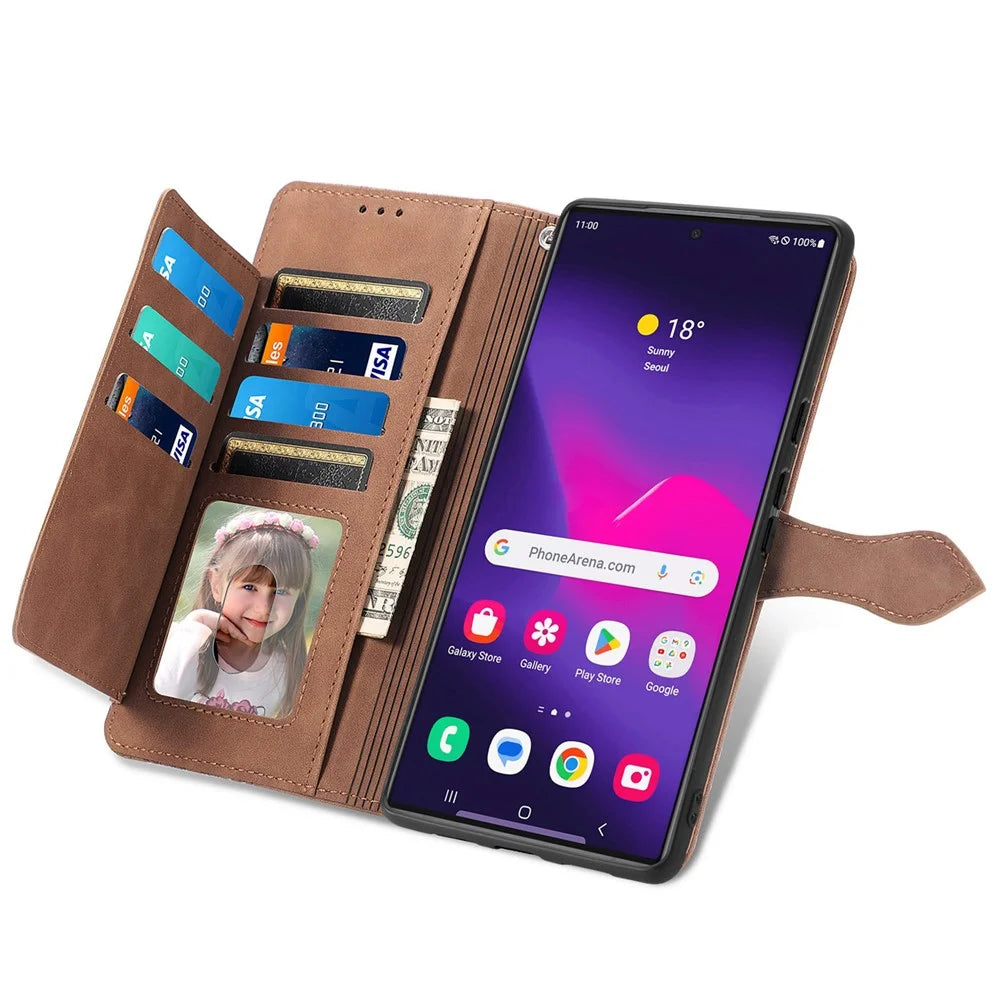 For Samsung Galaxy S25 Ultra Zipper Wallet Case with Strap Flower Imprint PU Leather Phone Cover - Brown - 4