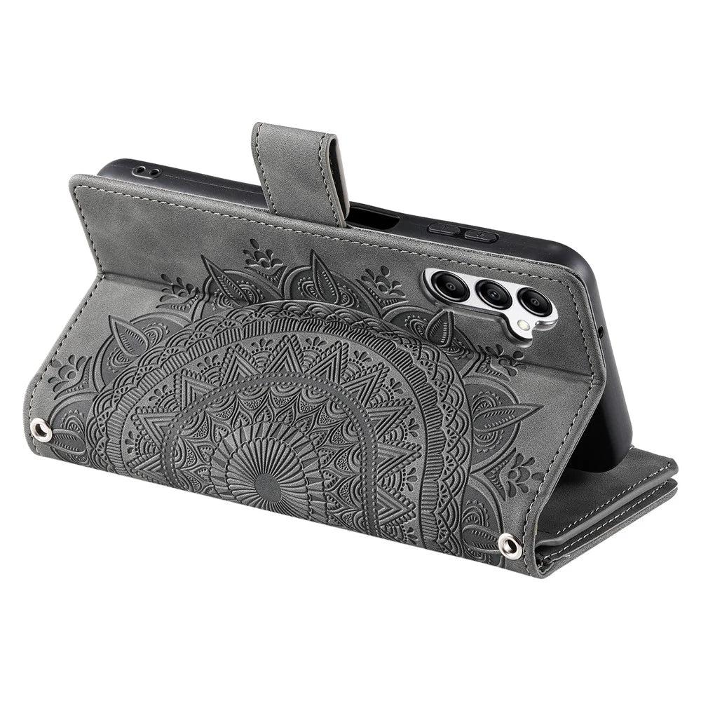 Style 006 For Samsung Galaxy A56 5G Wallet Case PU Leather Phone Cover Mandala Flower Pattern - Grey - 3