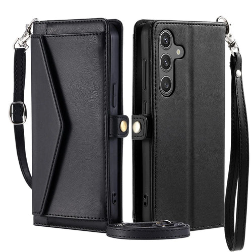 For Samsung Galaxy A56 5G Leather Case Wallet Stand Phone Cover with Straps - Black - 1