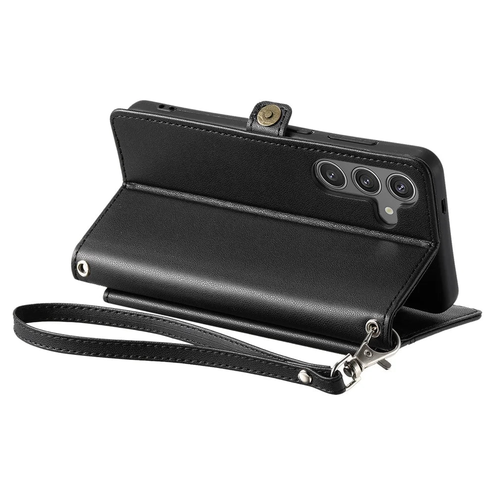 For Samsung Galaxy A56 5G Leather Case Wallet Stand Phone Cover with Straps - Black - 4
