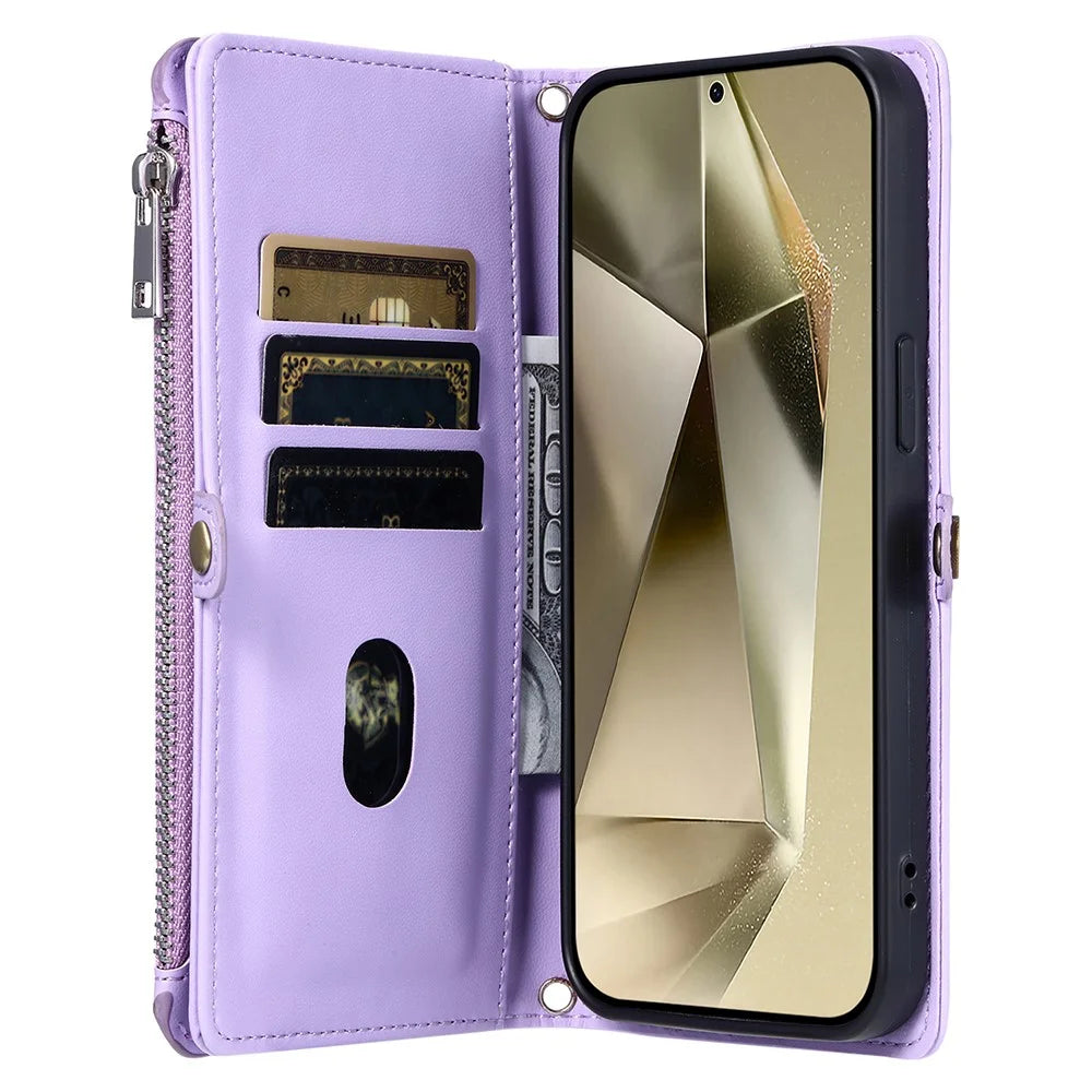015 Style For Samsung Galaxy A56 5G Case TPU+PU Leather Wallet Phone Cover with Straps - Purple - 2
