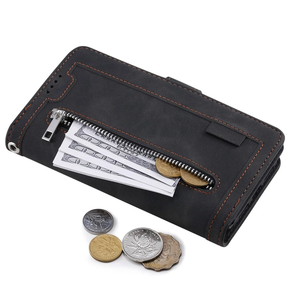 For Samsung Galaxy A56 5G Case PU Leather Phone Cover with Zipper Wallet 9 Card Slots - Black - 6