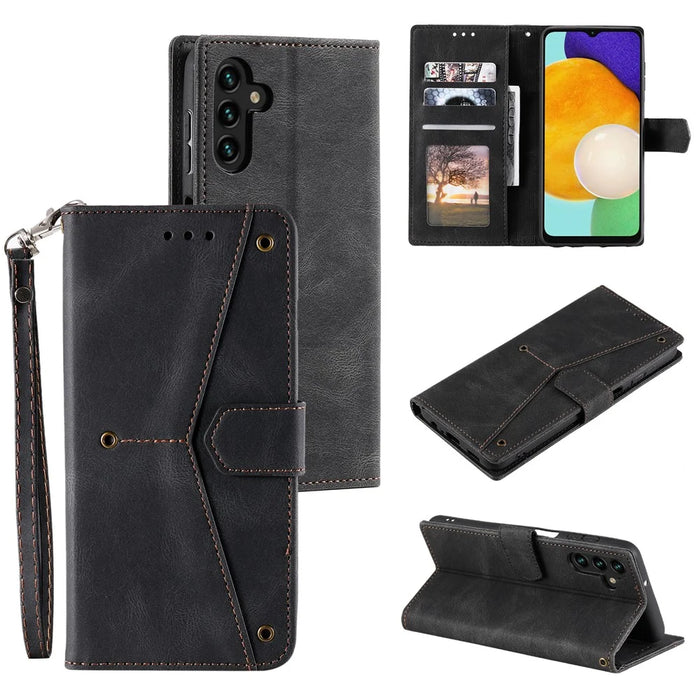 For Samsung Galaxy A56 5G Leather Case Splicing Stitching Wallet Stand Phone Cover with Strap - Black - 1