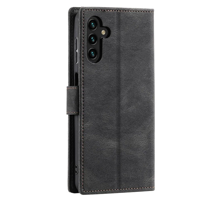 For Samsung Galaxy A56 5G Leather Case Splicing Stitching Wallet Stand Phone Cover with Strap - Black - 6