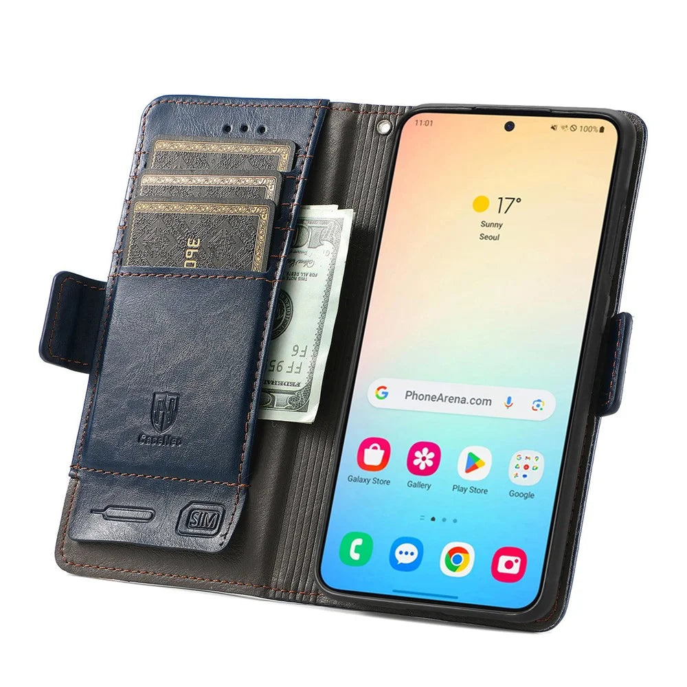 CASENEO For Samsung Galaxy S25 Phone Cases  PU Leather Cover Stand with RFID Blocking Wallet - Dark Blue - 3