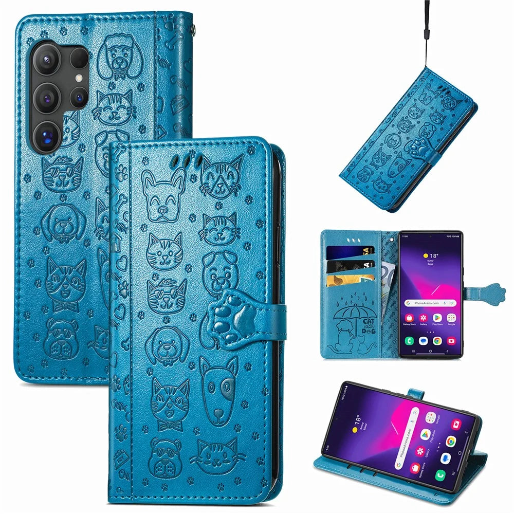 For Samsung Galaxy S25 Ultra Leather Wallet Case Flip Phone Cover with Cute Cat Dog Pattern - Blue - 1